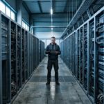 Technicus in een datacenter kijkt richting de camera tussen rijen serverracks
