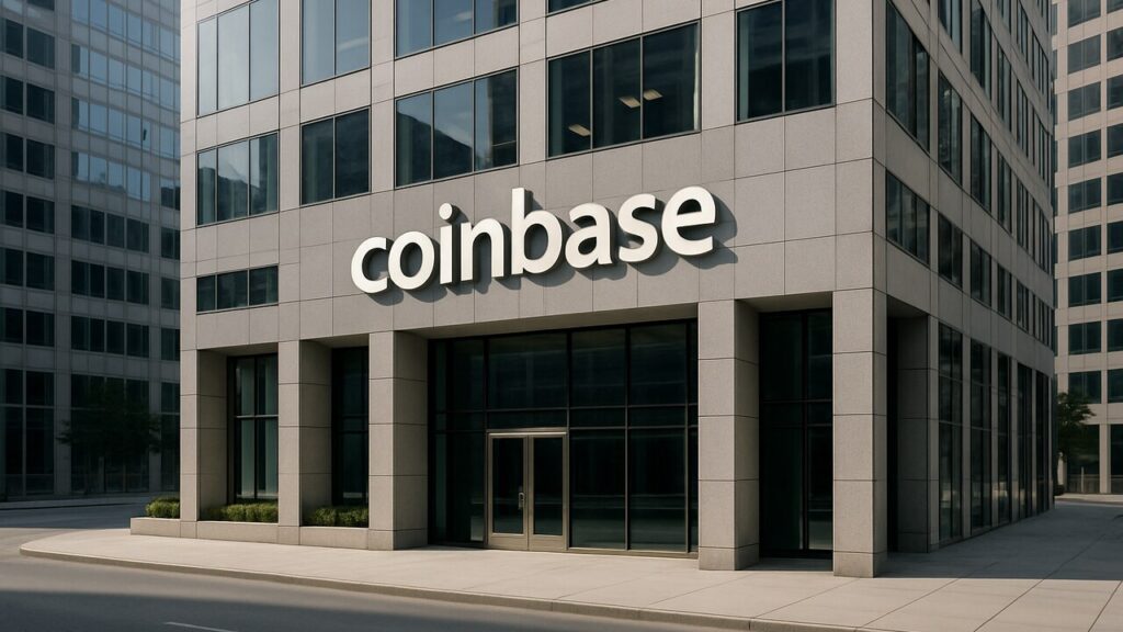 Kantoorgebouw met Coinbase-logo op de gevel in helder daglicht