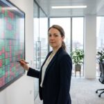 Analist in een kantoor bekijkt een scherm met een raster van digitale activa