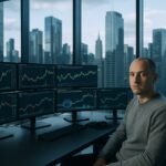 Handelaar aan een bureau met meerdere schermen die zowel aandelen- als crypto-koersen tonen in een modern kantoor