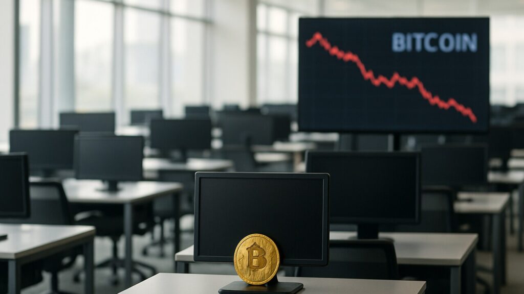 Grotendeels lege, moderne kantoorruimte van een crypto-beurs met ongebruikte handelsdesks en een rood dalende grafiek op de achtergrond