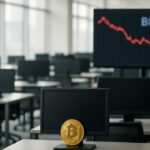 Grotendeels lege, moderne kantoorruimte van een crypto-beurs met ongebruikte handelsdesks en een rood dalende grafiek op de achtergrond