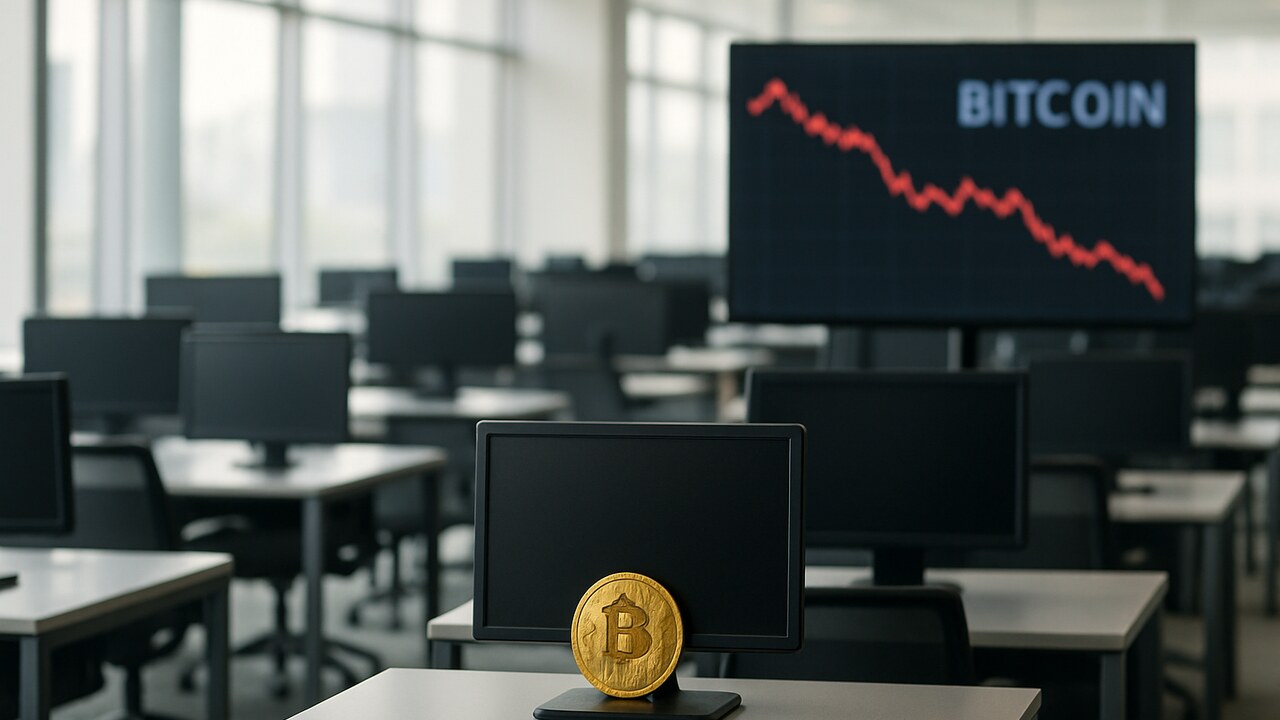 Grotendeels lege, moderne kantoorruimte van een crypto-beurs met ongebruikte handelsdesks en een rood dalende grafiek op de achtergrond