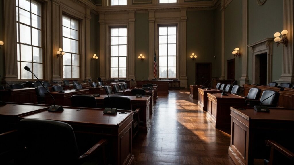 Lege Amerikaanse Senaatszaal met houten tafels en microfoons, klaar voor een hoorzitting