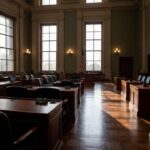 Lege Amerikaanse Senaatszaal met houten tafels en microfoons, klaar voor een hoorzitting