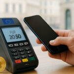 Hand met smartphone bij een betaalterminal op een toonbank, symbool voor de digitale euro