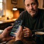 Close-up van handen met een smartphone die dalende koersen toont in een schemerig thuiskantoor