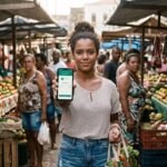 Vrouw op een Braziliaanse markt betaalt met haar smartphone en kijkt naar de camera