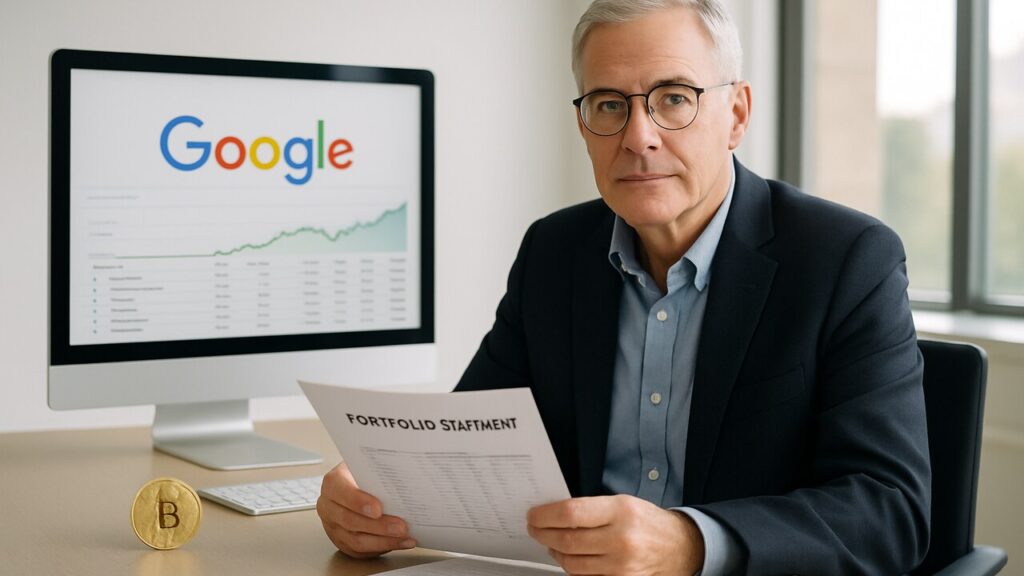 Belegger in een lichte kantooromgeving met het Google-logo op een scherm, rustig kijkend richting de camera