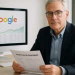 Belegger in een lichte kantooromgeving met het Google-logo op een scherm, rustig kijkend richting de camera