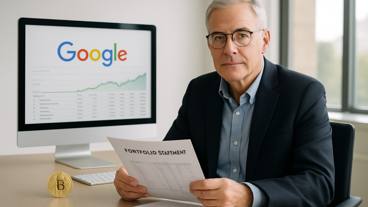 Belegger in een lichte kantooromgeving met het Google-logo op een scherm, rustig kijkend richting de camera