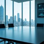 Zakelijke kantoorruimte met uitzicht op een skyline en financiele grafieken op een scherm