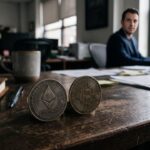Een fysieke Ethereum-munt en Bitcoin-munt naast elkaar op een donker bureau, met de Ethereum-munt scherper op de voorgrond.