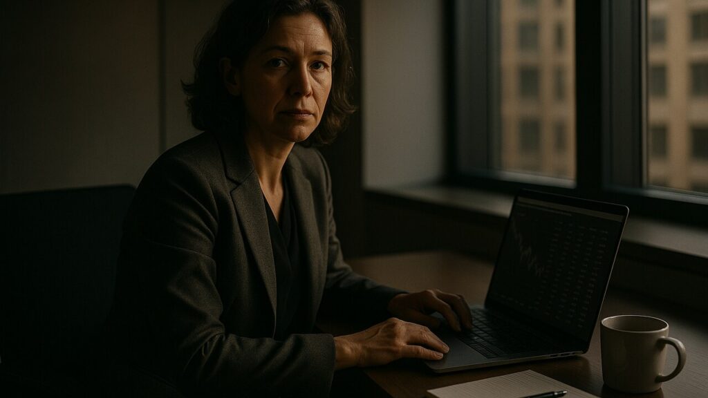 Vermogensbeheerder aan een bureau kijkt richting de camera terwijl ze cijfers op een laptop bekijkt