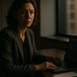 Vermogensbeheerder aan een bureau kijkt richting de camera terwijl ze cijfers op een laptop bekijkt