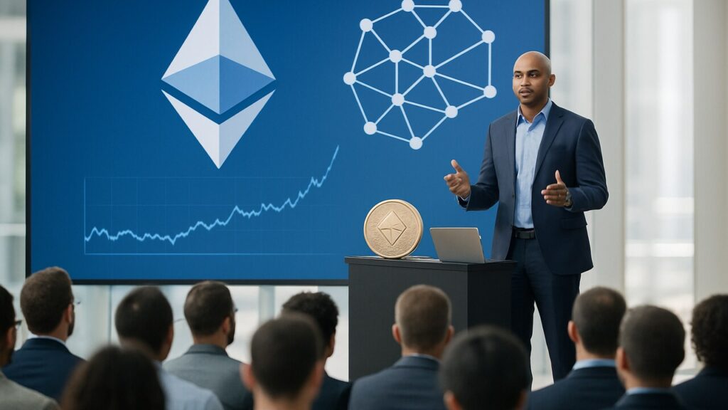 Presentatie over Ethereum en laag-2-netwerken op een goedverlicht podium met het Ethereum-logo op groot scherm