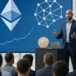 Presentatie over Ethereum en laag-2-netwerken op een goedverlicht podium met het Ethereum-logo op groot scherm