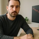 Handelaar kijkt met sombere blik naar de camera terwijl op zijn scherm een dalende koersgrafiek zichtbaar is