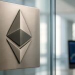 Het Ethereum-logo op een metalen plaquette aan een glazen kantoormuur