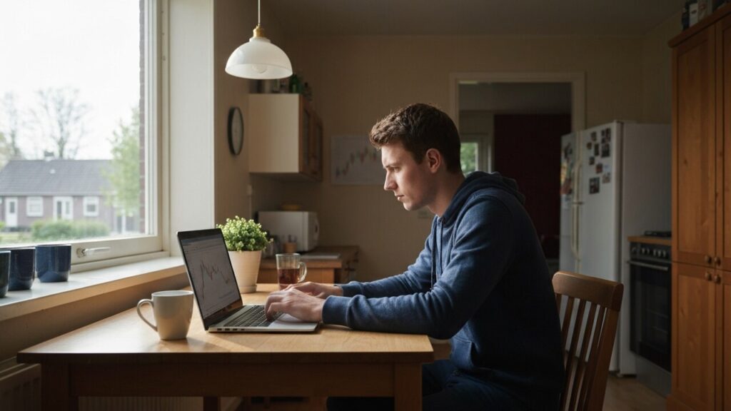 Jonge man bekijkt thuis aan de keukentafel crypto-grafieken op zijn laptop
