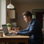 Jonge man bekijkt thuis aan de keukentafel crypto-grafieken op zijn laptop