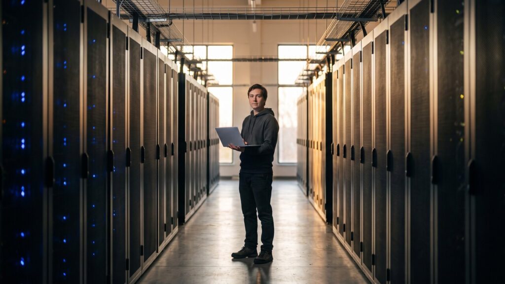 Technicus met laptop in een gang van een datacenter met serverracks, symbool voor beveiligde blockchain-infrastructuur