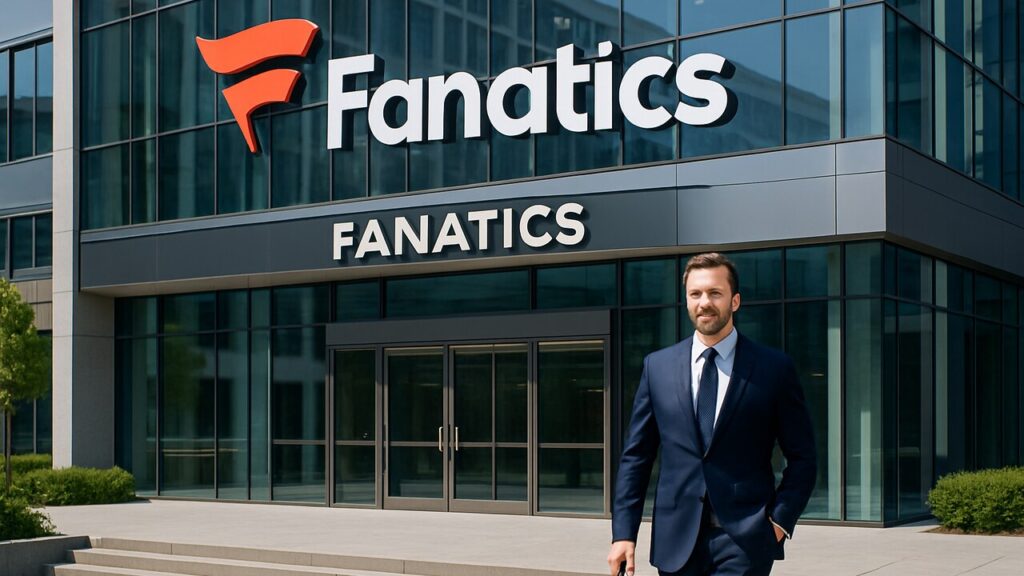 Modern kantoorgebouw van Fanatics met logo op de gevel bij helder daglicht