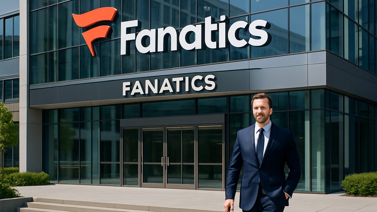 Modern kantoorgebouw van Fanatics met logo op de gevel bij helder daglicht