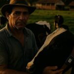 Braziliaanse melkveehouder met een slimme halsband bij zijn koeien in de wei