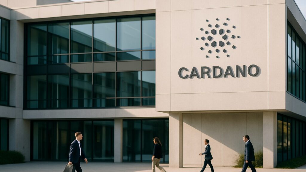Modern kantoorgebouw met het Cardano-logo op de gevel bij helder daglicht