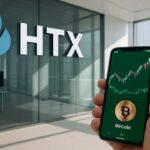 HTX-logo op een glazen kantoorwand met op de voorgrond een smartphone met een groen handelsscherm