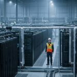 Technicus in een groot datacenter met rijen serverracks en koelbuizen