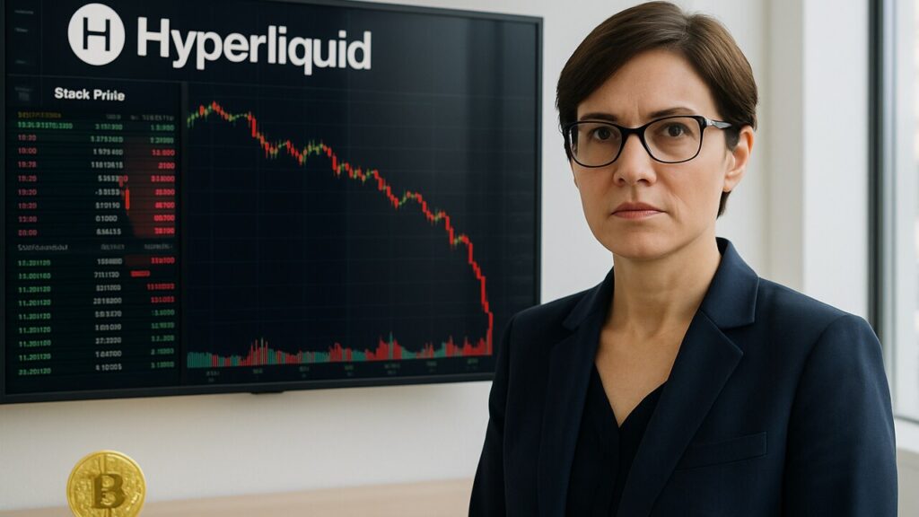Vrouw voor een scherm met een dalende koersgrafiek op het Hyperliquid-platform