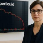 Vrouw voor een scherm met een dalende koersgrafiek op het Hyperliquid-platform