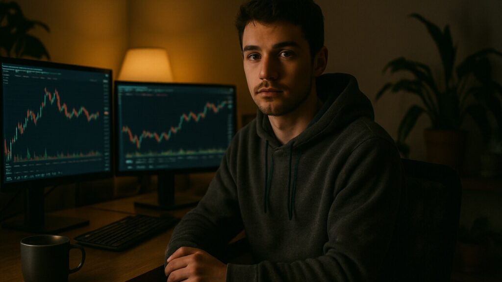 Jonge trader kijkt naar de camera achter twee beeldschermen in een huiskantoor