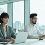 Financieel team in een modern kantoor met een digitale wereldkaart die internationale verbindingen toont