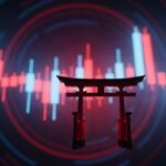 Rode Japanse torii-poort voor blauw-rode koerscandles, symbool voor Japans monetair beleid en de markten