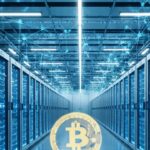 Datacenter met blauwe serverrijen en een bitcoin-symbool, symbool voor de draai van bitcoin-miners naar AI
