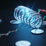 Samengedrukte blauwe energieveer boven een handelsscherm, symbool voor opgebouwde spanning in de XRP-koers