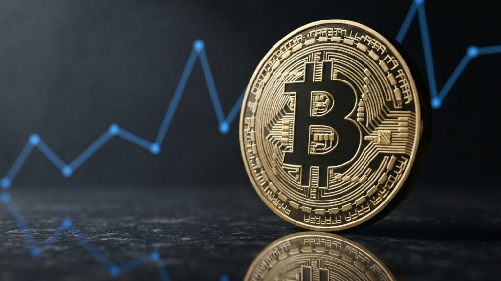 Gouden bitcoin-munt voor een stijgende grafiek, symbool voor het debat over de 21 miljoen-limiet