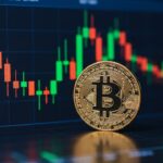 Gouden bitcoin-munt voor een groen-rode koersgrafiek, symbool voor de geldstromen in bitcoin-ETF's