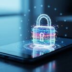 Smartphone met een oplichtend hangslot en Europese sterren, symbool voor digitale privacy en encryptie