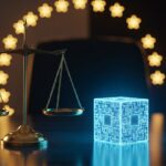 Weegschaal van justitie naast een blauw oplichtende blockchain-kubus met Europese sterren, symbool voor MiCA-regulering