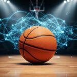 Basketbal op een verlichte sportvloer met blauwe digitale netwerklijnen, symbool voor de Ripple-sponsordeal met Kansas