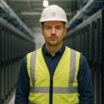 Technicus in een verlicht datacenter met serverrijen, op de achtergrond een groene koersgrafiek op een scherm