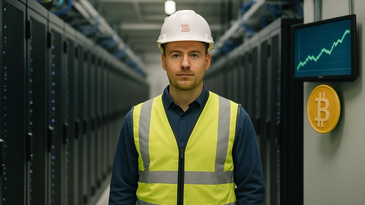 Technicus in een verlicht datacenter met serverrijen, op de achtergrond een groene koersgrafiek op een scherm