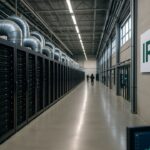 Datacenter met serverrijen en het IREN-logo op de muur, symbool voor de overstap van Bitcoin-mining naar AI-rekencapaciteit