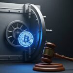 Bankkluis met een oplichtende bitcoin en een houten rechtershamer, symbool voor de juridische strijd rond Operation Choke Point