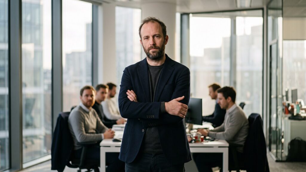 Een oprichter kijkt peinzend in de camera in een modern kantoor van een fintechbedrijf