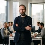 Een oprichter kijkt peinzend in de camera in een modern kantoor van een fintechbedrijf